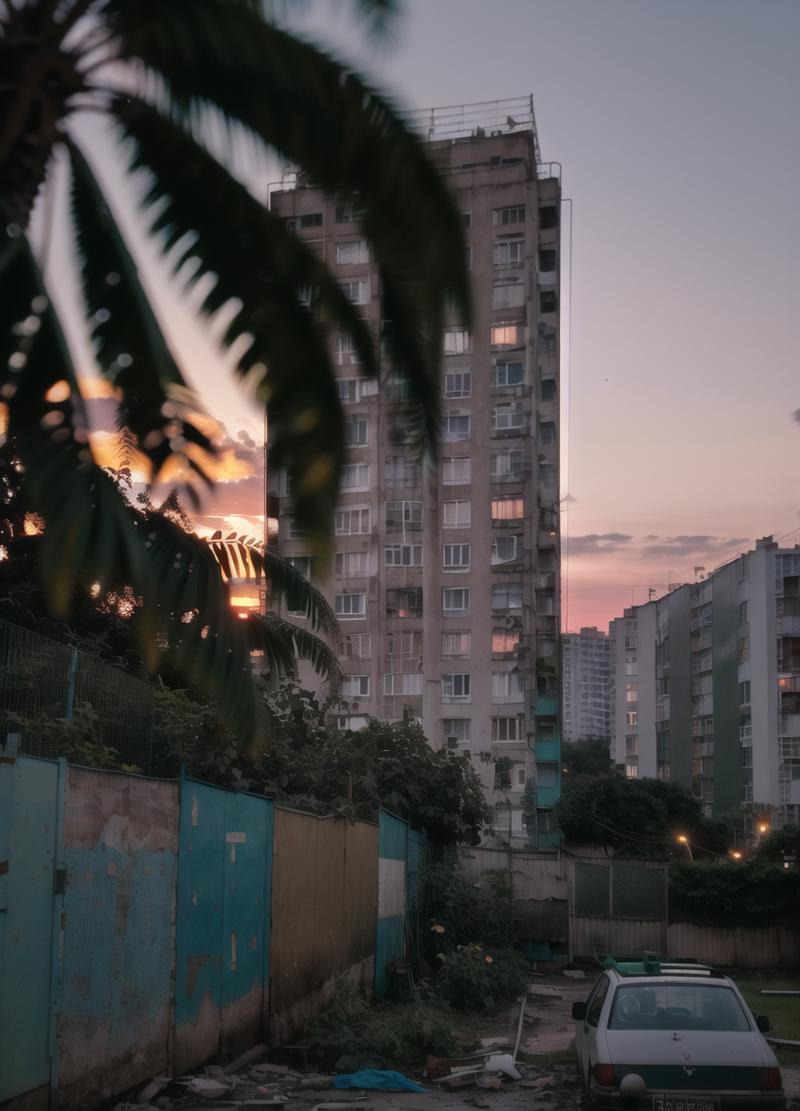 14081-3950711206-ground view, yard with large buildings, russianebenya, sunset, trees and bushes, movie still, 30mm lens, polaroid, analog photo,.png